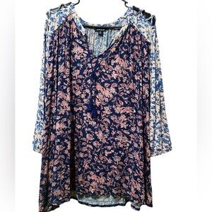 Lucky Brand Navy Floral Tunic with Pink and White Floral Cold Shoulder Sleeves